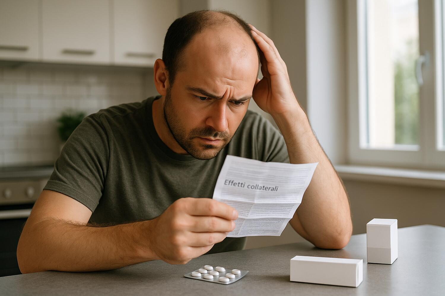 Uomo preoccupato legge un foglietto illustrativo di un farmaco