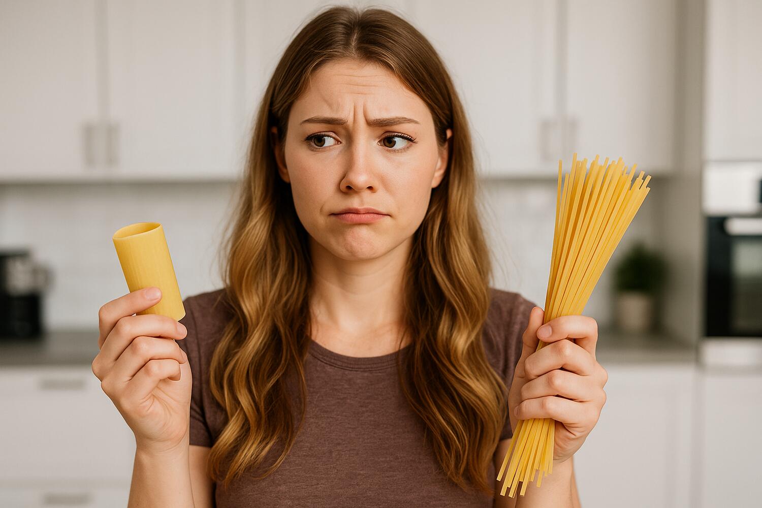 Ragazza che non sa decidersi tra paccheri e spaghetti