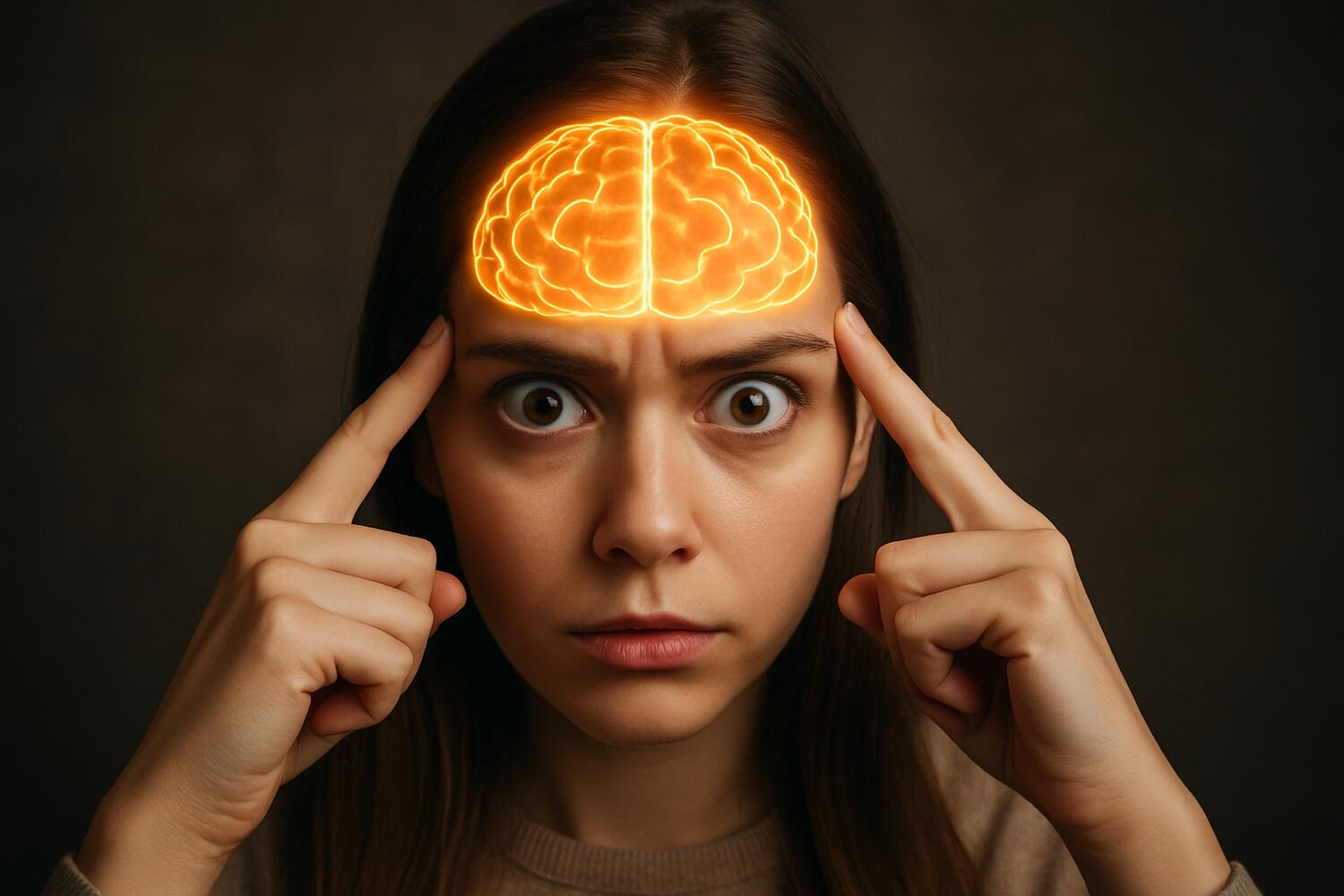 Ragazza che guarda in camera con gli occhi sbarrati, gli indici che toccano le tempie in segno di concentrazione e sulla fronte disegnato in sovraimpressione il cervello che brilla.