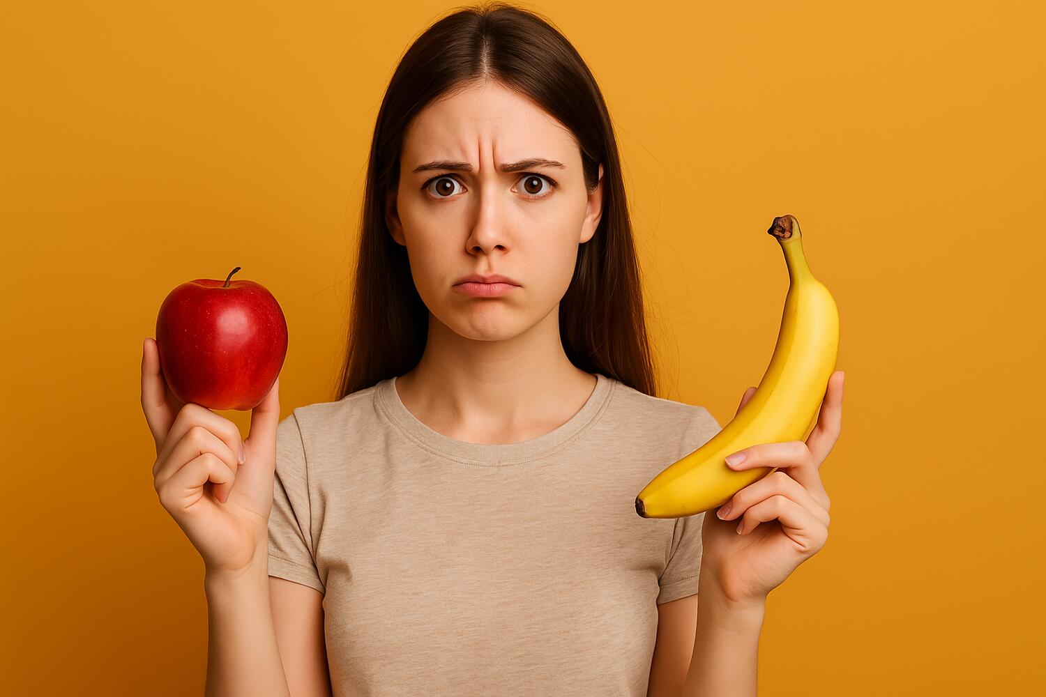 Ragazza che guarda in camera con sguardo interrogativo, tenendo in una mano una mela e nell'altra una banana