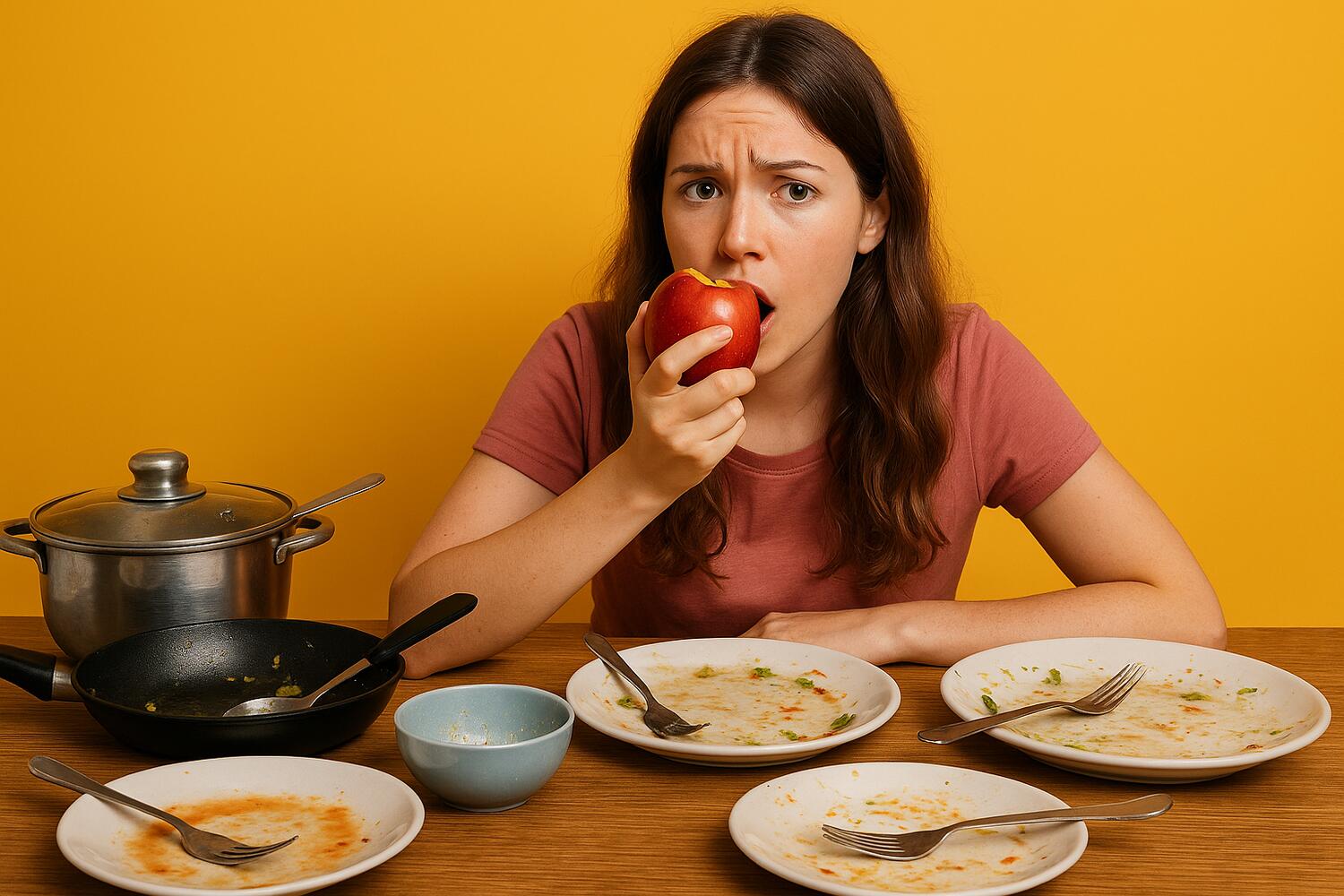 Ragazza che addenta una mela dopo pranzo