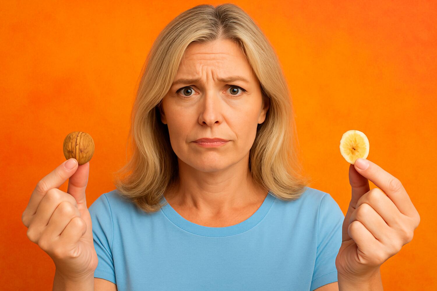 Donna che tiene in mano una noce e una fetta di banana disidratata