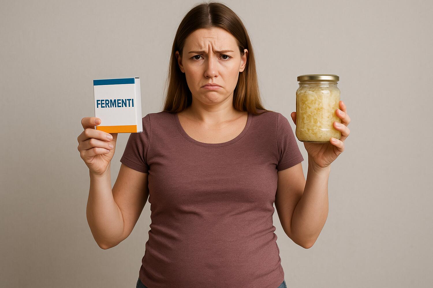 Donna con sguardo preoccupato e pancia visibilmente gonfia che tiene in una mano una scatoletta con la scritta fermenti e con l'altra un vasetto di crauti.