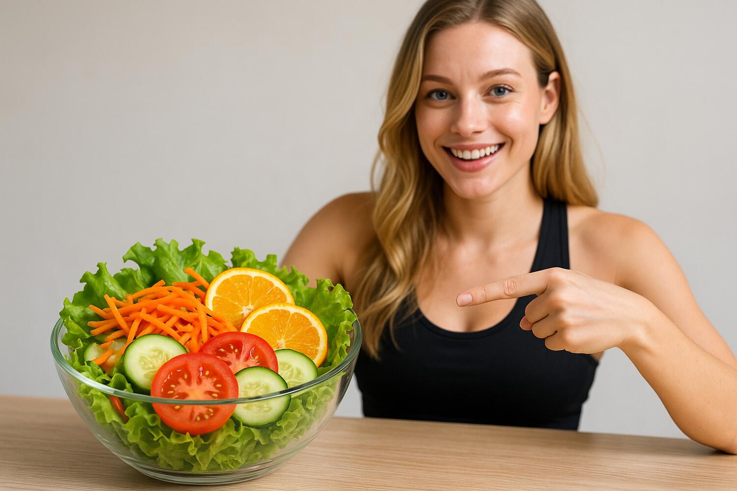 Insalata mista e ragazza che la indica