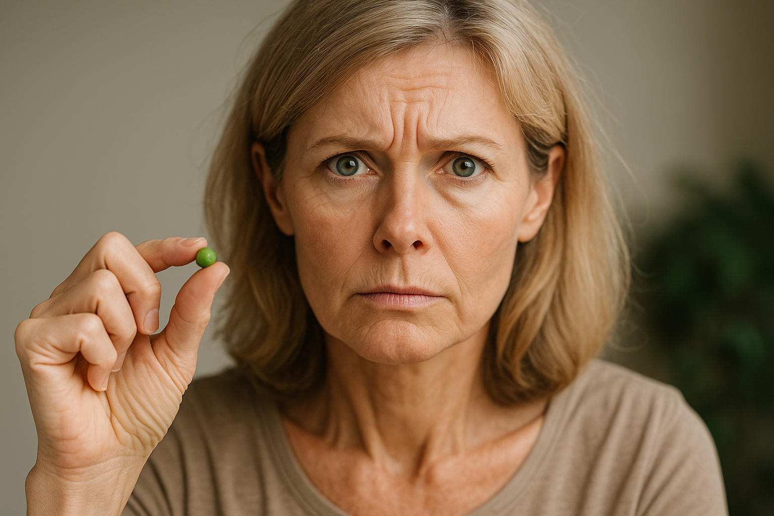 Donna di 50 anni che guarda in camera con sguardo molto dubbioso e incuriosito, facendo vedere un pisello tenuto tra pollice e indice.