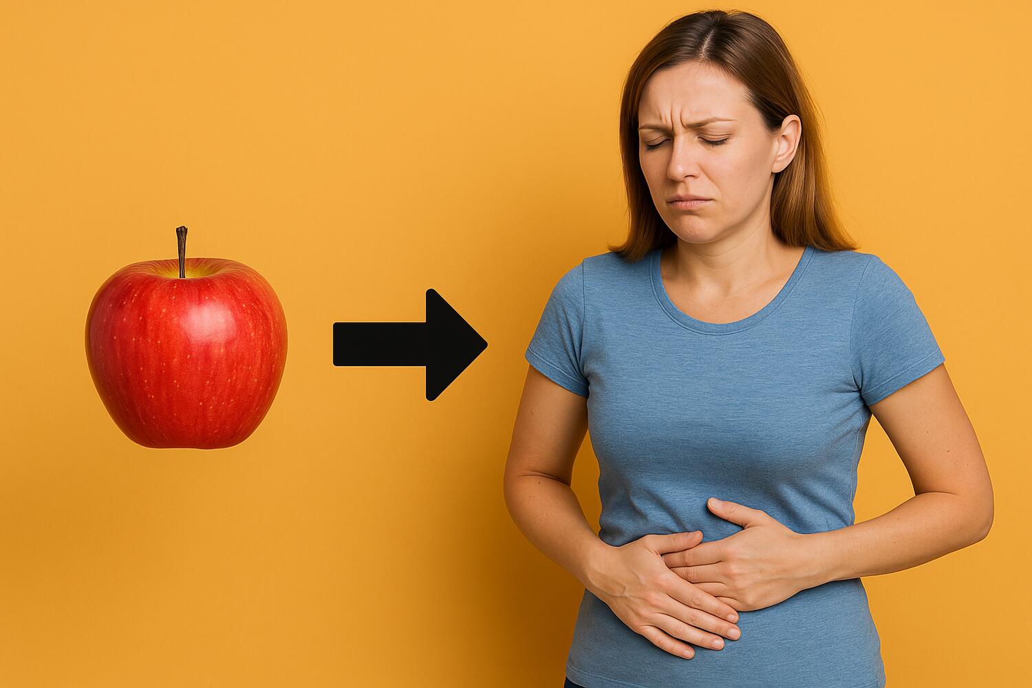 Nella parte sinistra, una mela da cui parte una freccia che porta nella parte destra dove una donna di circa 35 anni si tocca la pancia a causa di gonfiore.