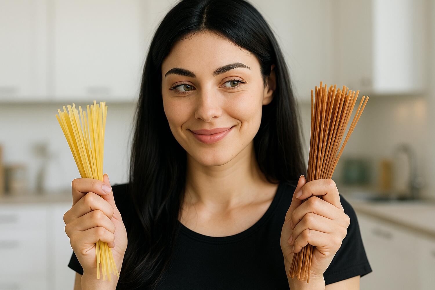 Ragazza con in una mano spaghetti integrali e nell'altra spaghetti bianchi