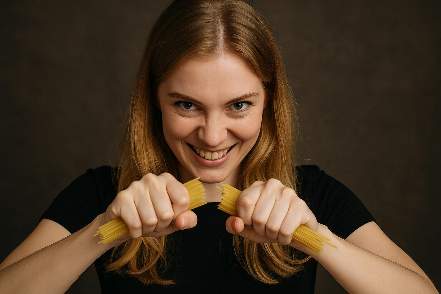 Ragazza con sguardo diabolico che ha spezzato degli spaghetti