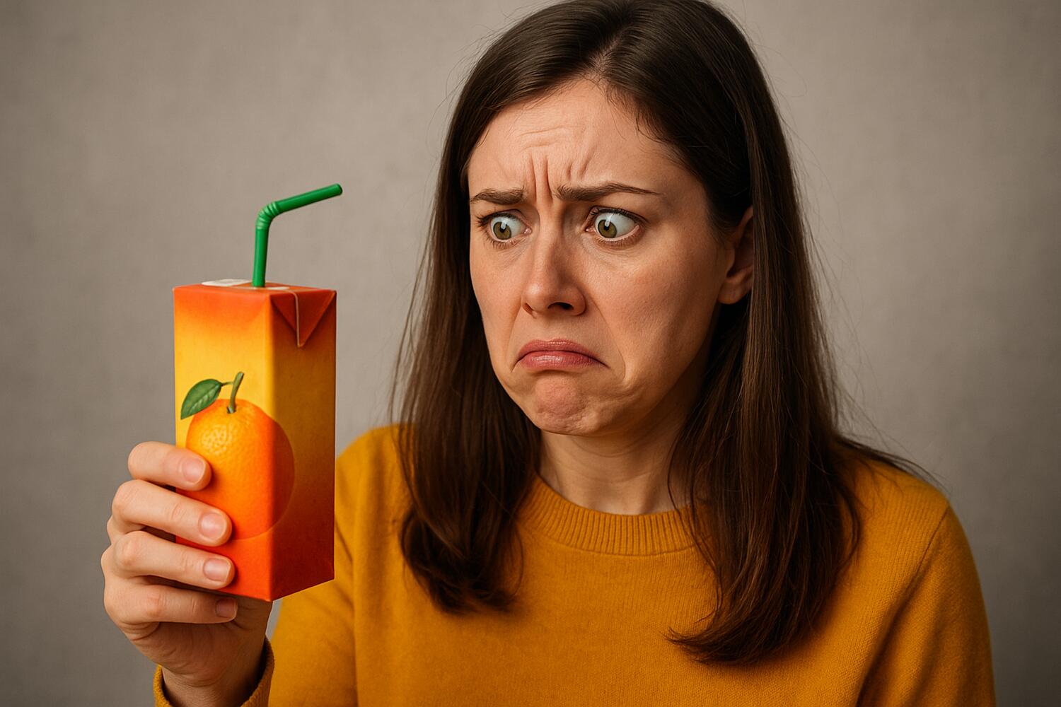 Ragazza guarda con spetto un succo di arancia