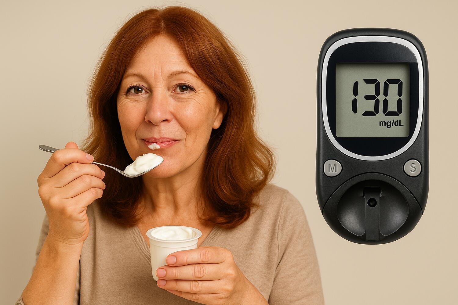 Donna che mangia uno yogurt e di fianco un glucometro che segna 130