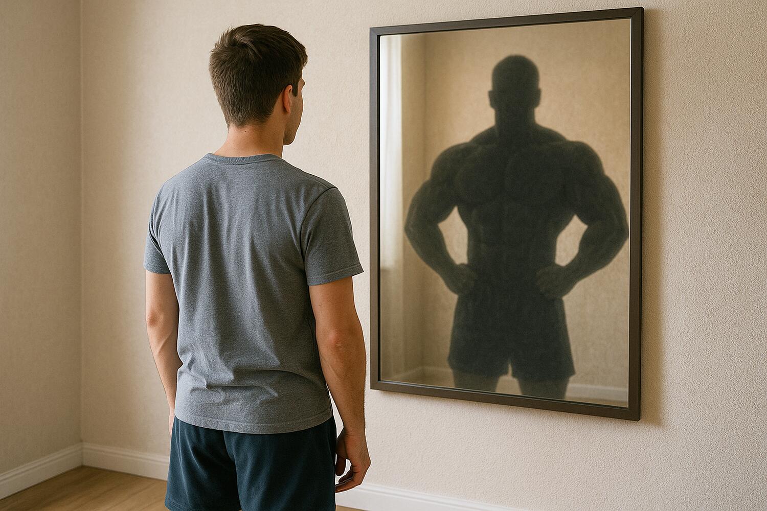 Ragazzo che si guarda allo specchio e si vede più muscoloso