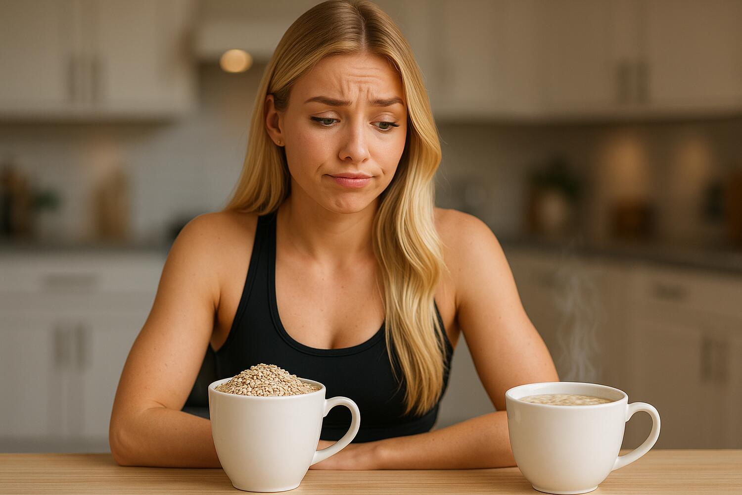 Ragazza di fronte a una tazza di porridge e una di fiocchi d'avena crudi