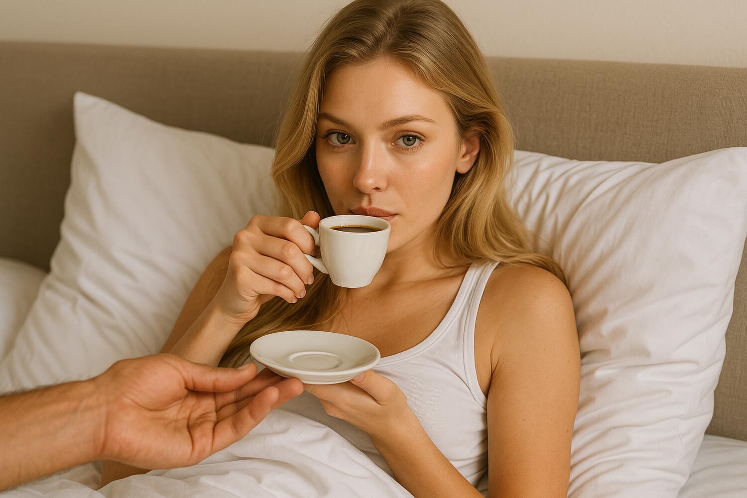 Ragazza prende il caff&egrave; a letto