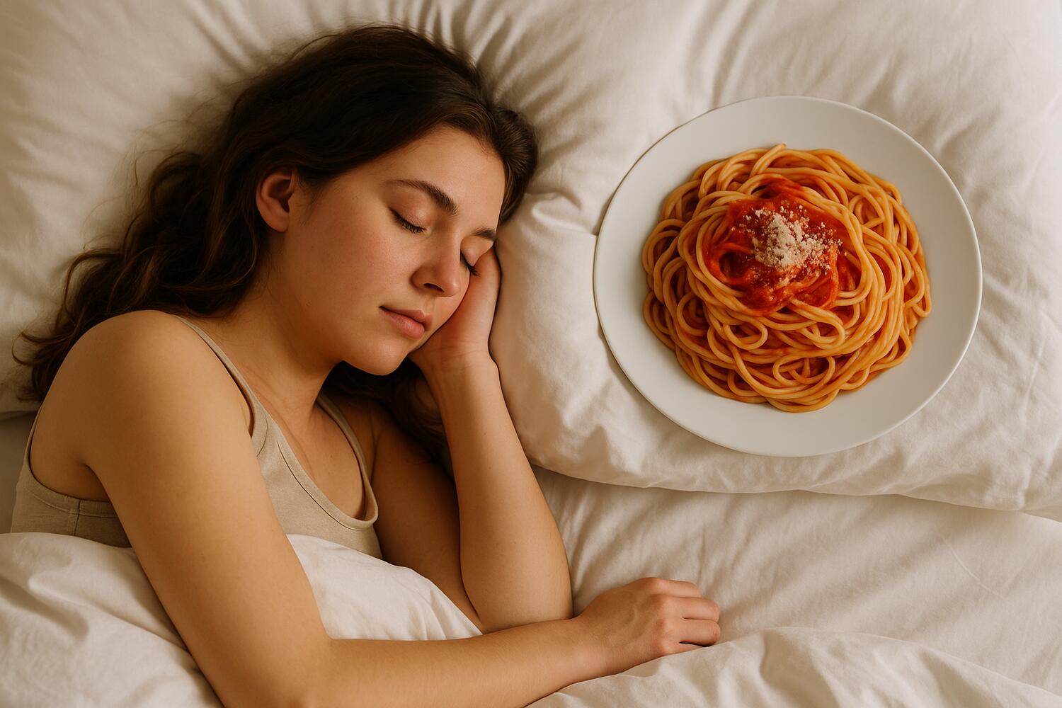 Ragazza che dorme nel letto e di fianco a lei un piatto di spaghetti