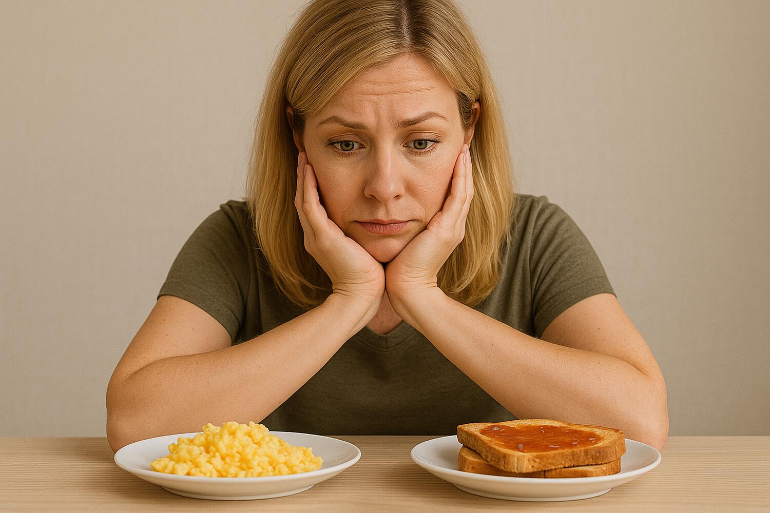 Ddonna di 40 anni che guarda due piatti sul tavolo che le &egrave; davanti; il primo piatto contiene uova strapazzate, il secondo fette bisocttate con marmellata. 