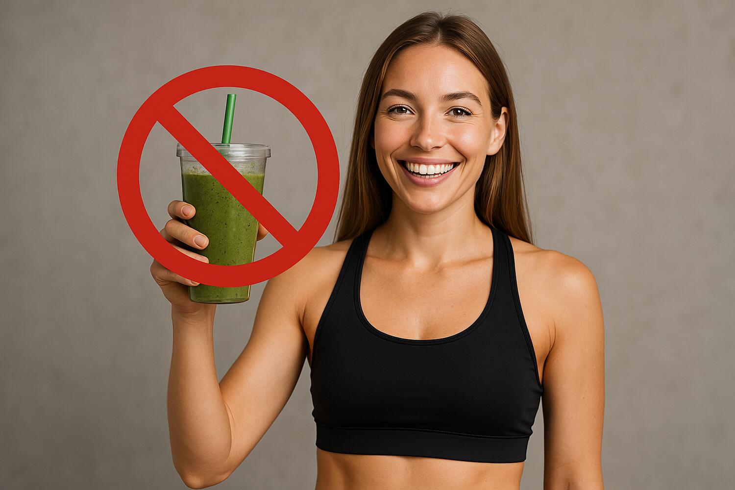 Fitness influencer con in mano un beverone detox, cancellato da un segno di divieto in sovraimpressione