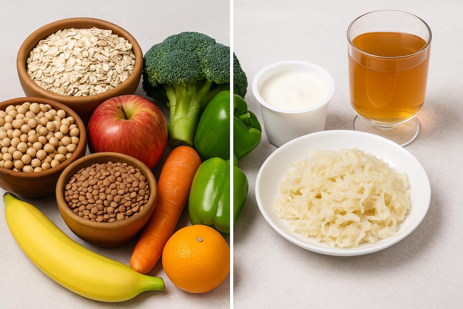 A sinistra alimenti ricchi di fibra, a destra alimenti fermentati