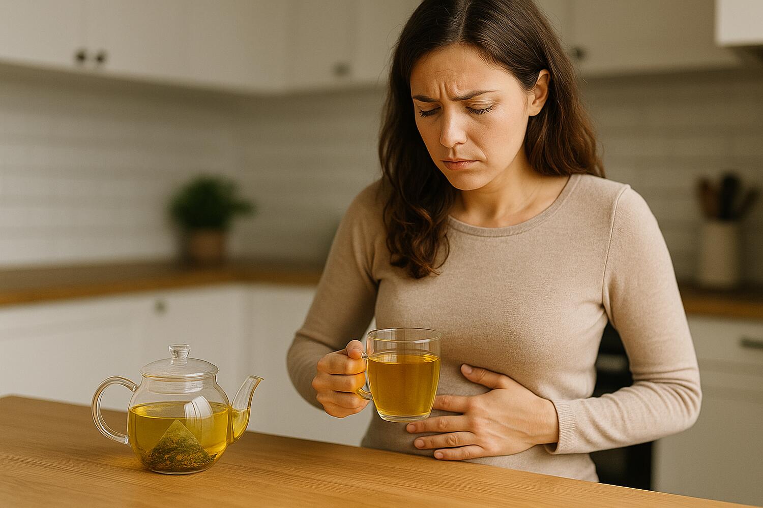 Donna che beve una tisana per cercare sollievo dalla pancia gonfia