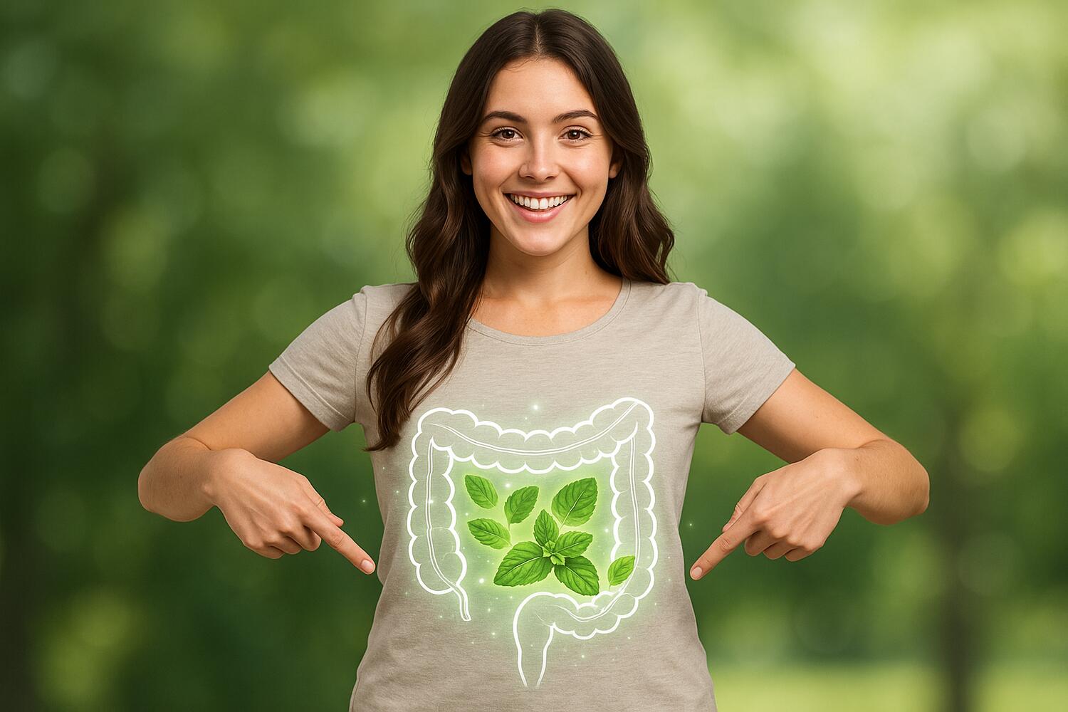 Ragazza che sorride e con le mani indica la pancia, dove si vede disegnato in sovraimpressione il colon e tante foglioline di menta