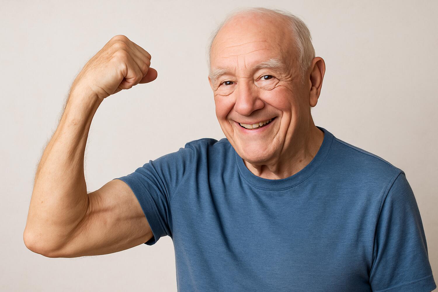 Uomo di 75 anni che fa vedere il muscolo del braccio