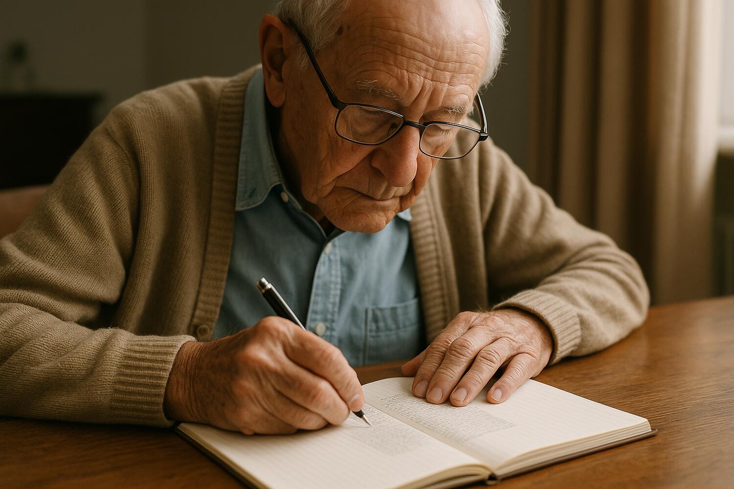 Anziano che scrive su un quaderno