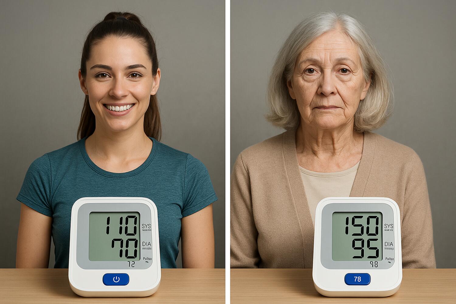 A sinistra una bella ragazza di circa 25 anni, vestita sportiva e davanti a lei un misuratore di pressione che segna 110/70. A destra la stessa ragazza ma invecchiata (con 75 anni), vestita pi&ugrave; sobria e davanti a lei un misuratore di pressione che segna 150/95.