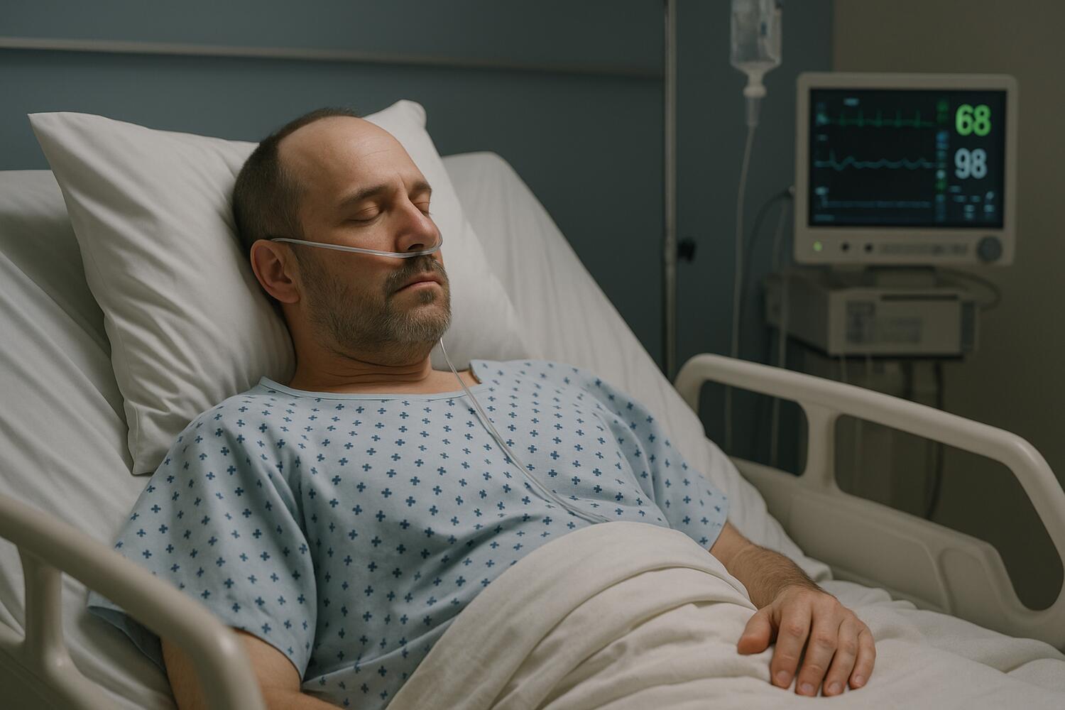 Uomo in letto d'ospedale