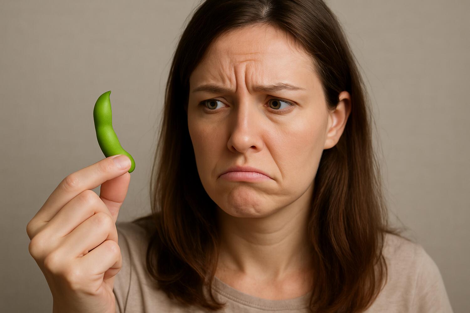 Ragazza che guarda perplessa un fagiolo edamame