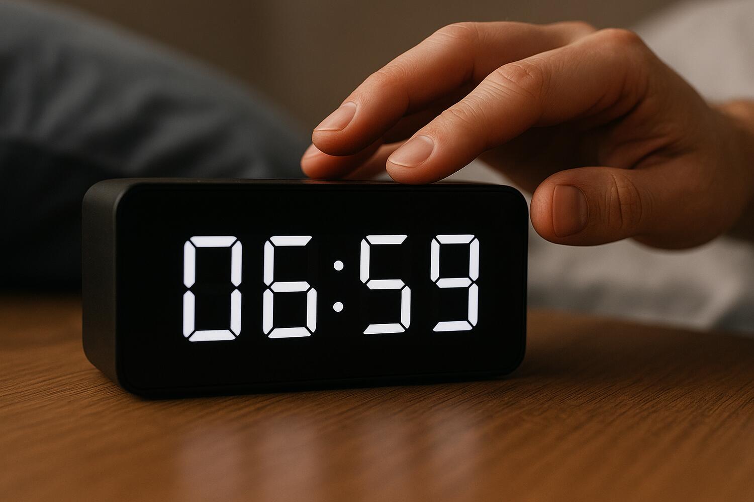 Sveglia che segna le 06:59 e una mano appoggiata sopra