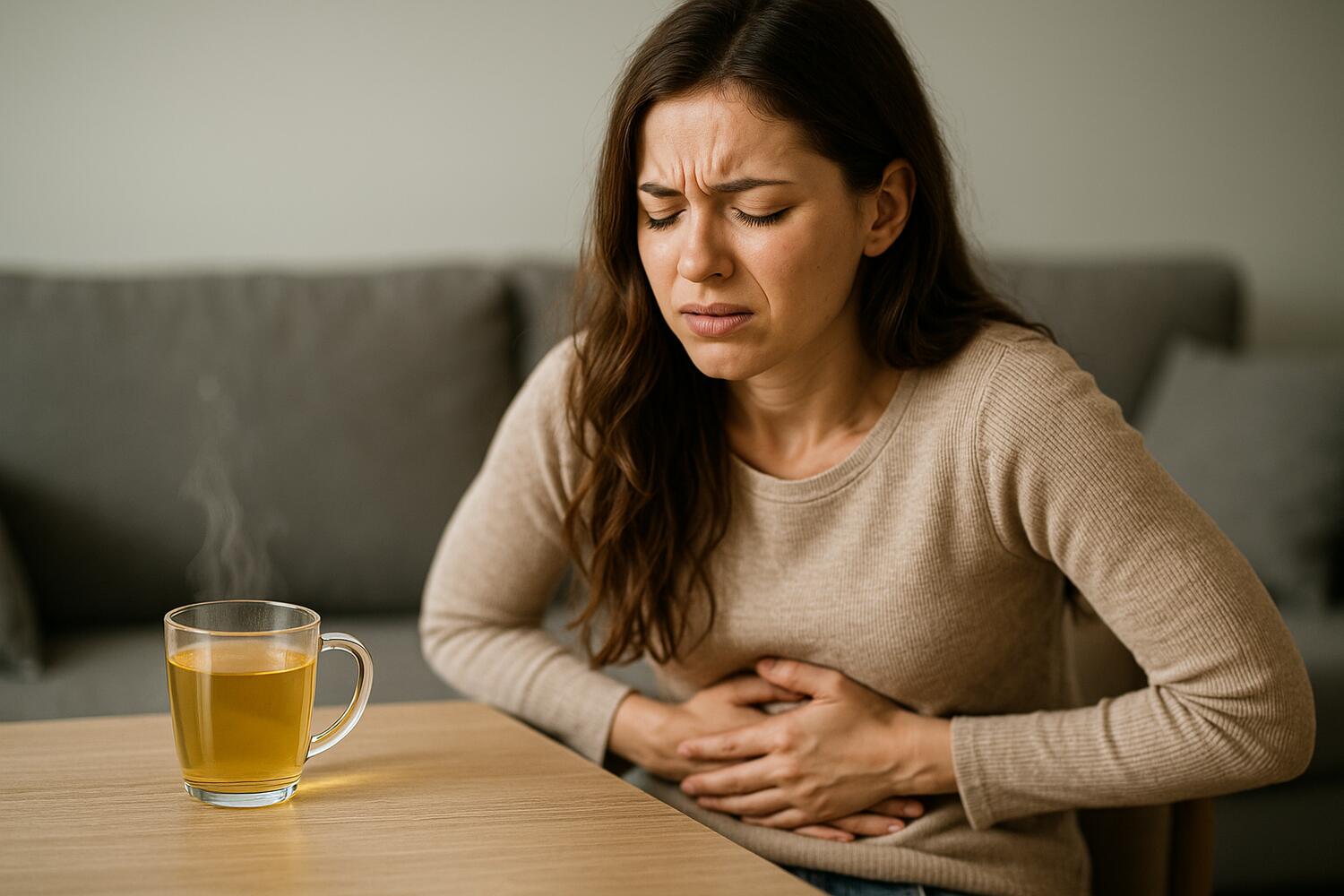 Ragazza sofferente per colon irritabile, di fronte a una tisana