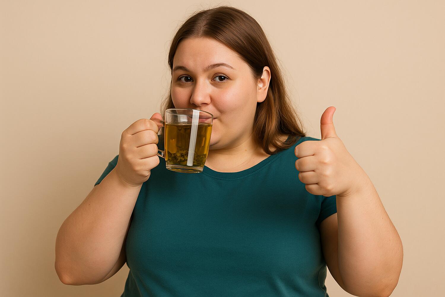 Ragazza in leggero sovrappeso che beve una tisana