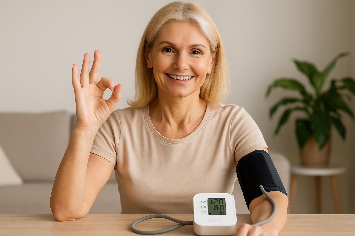 Donna di 50 anni che sorride alla camera mentre si misura la pressione e fa segno di OK con il pollice in su. L'apparecchio che misura la pressione riporta 120/80 e 70 battiti al minuto.
