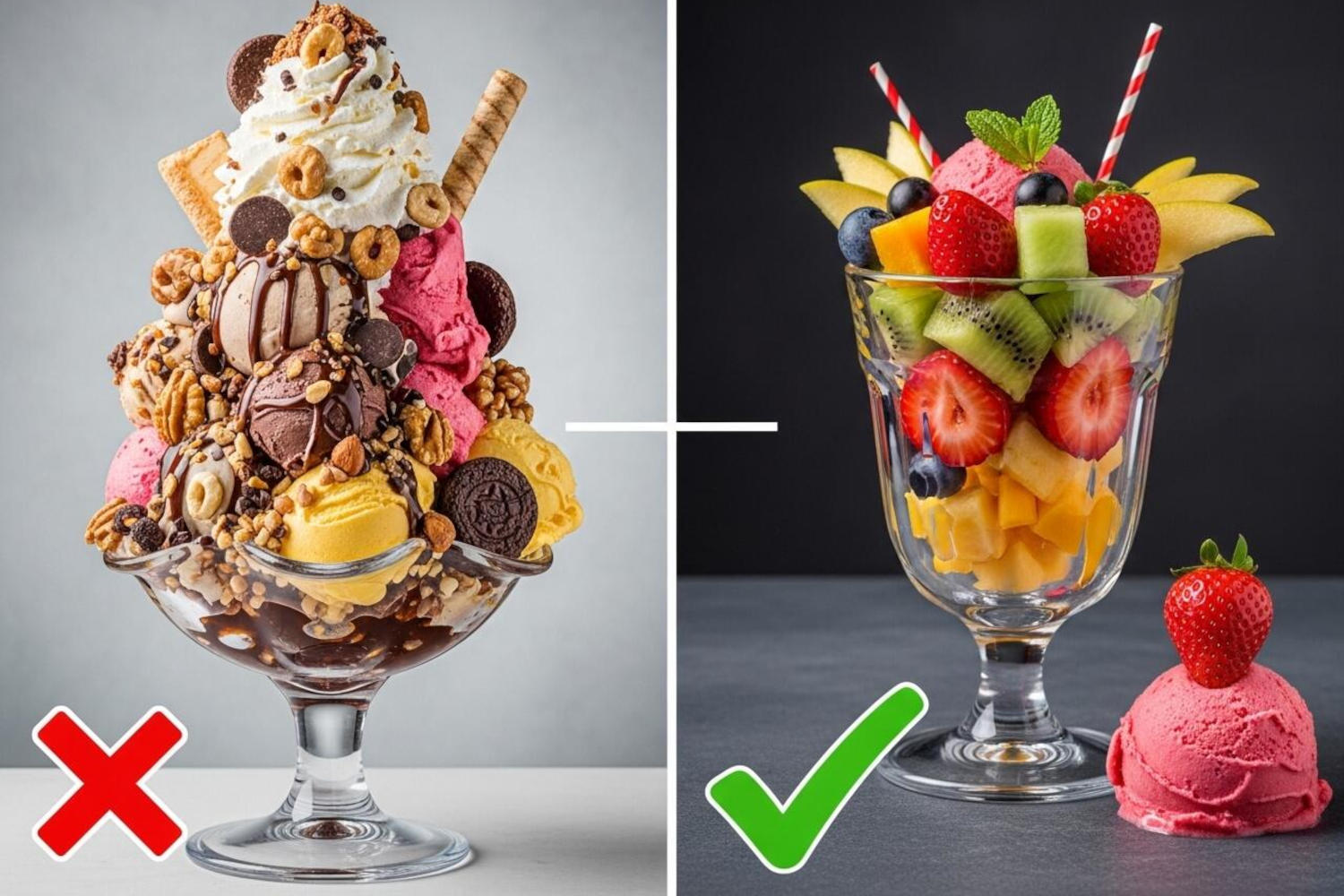 Coppa di gelato a sinistra (errore), coppa di frutta a destra (giusto)