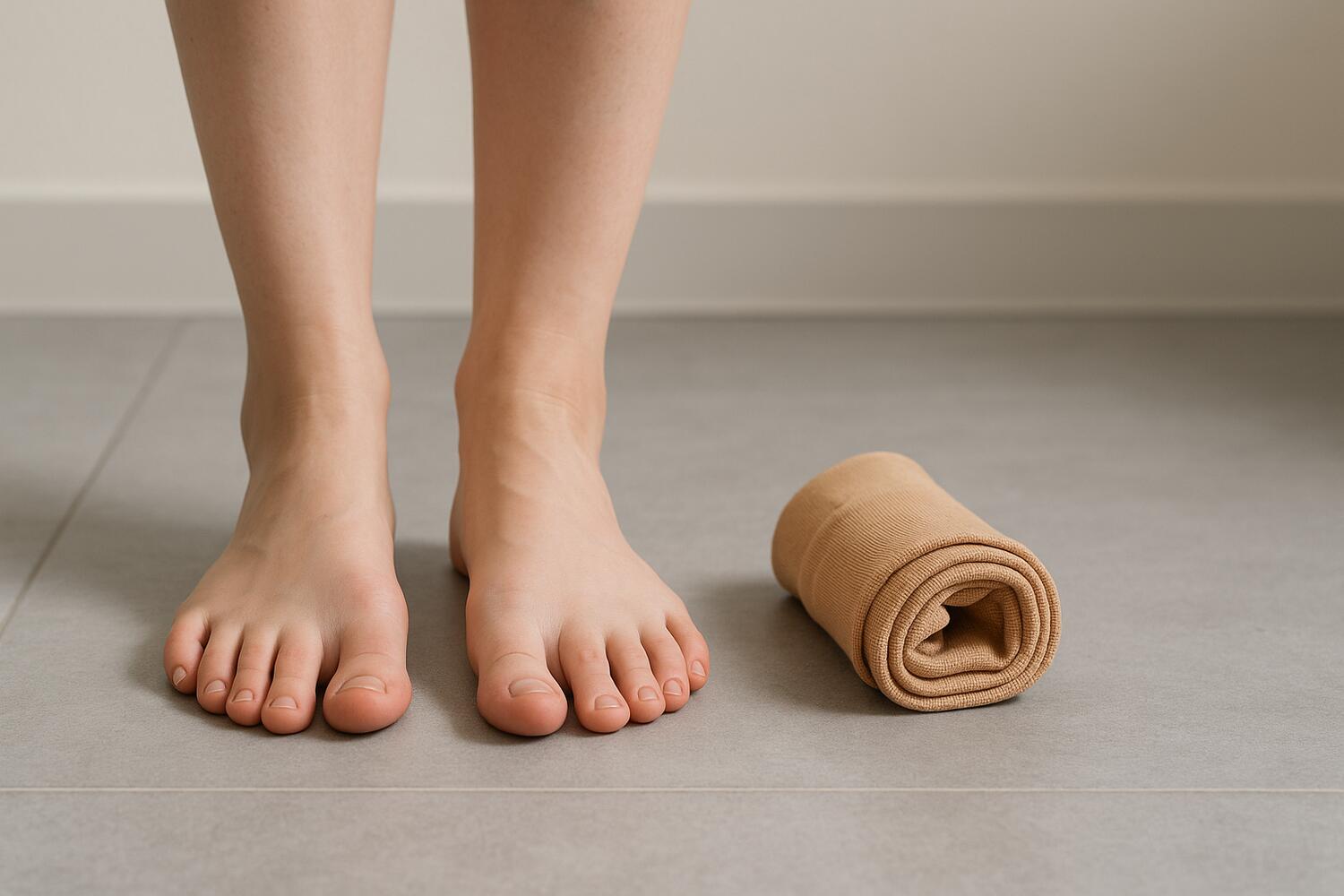 Due piedi sul pavimento freddo e di fianco delle calze arrotolate