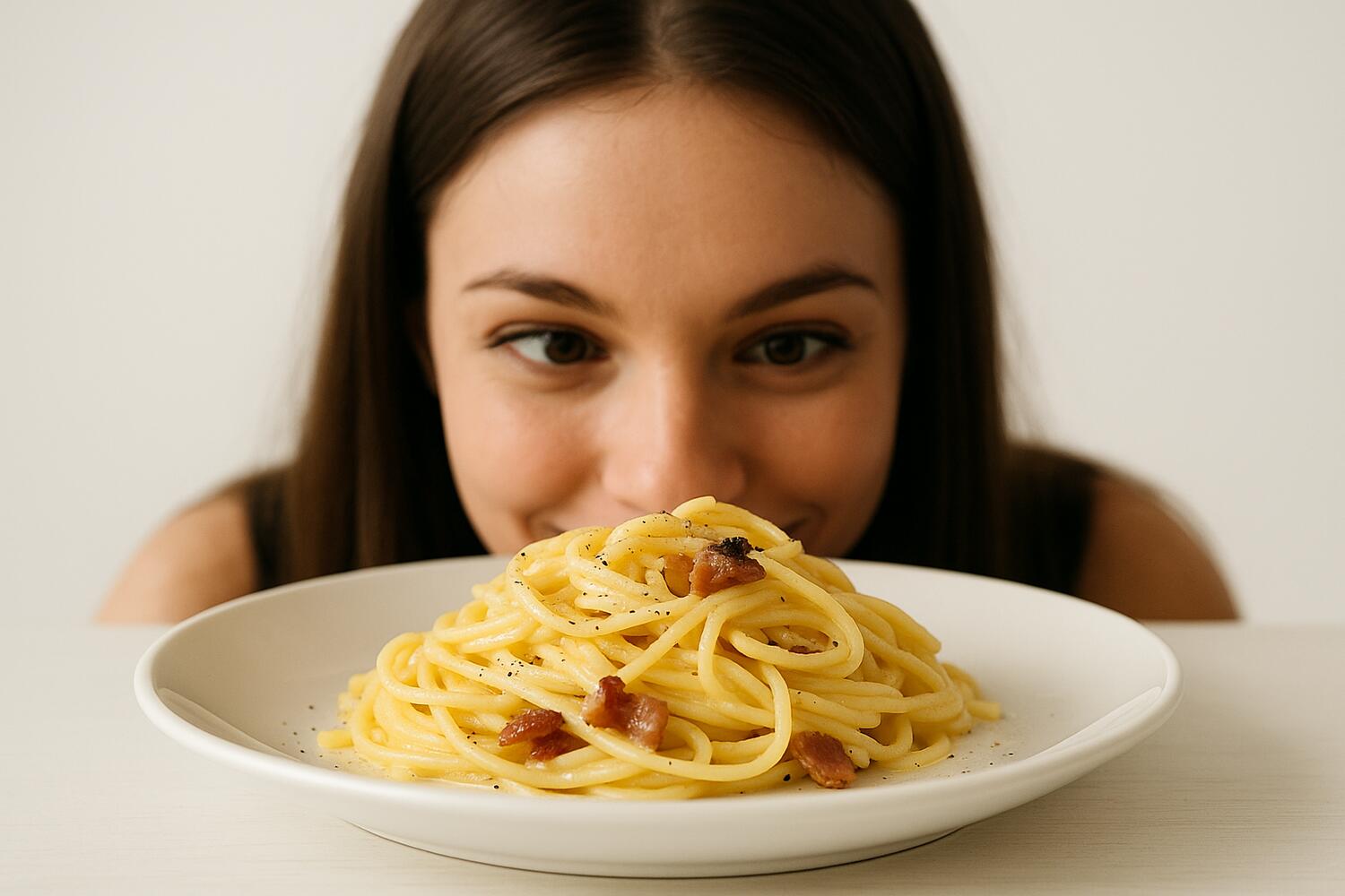 Donna che guarda golosamente un piatto di pasta alla carbonara
