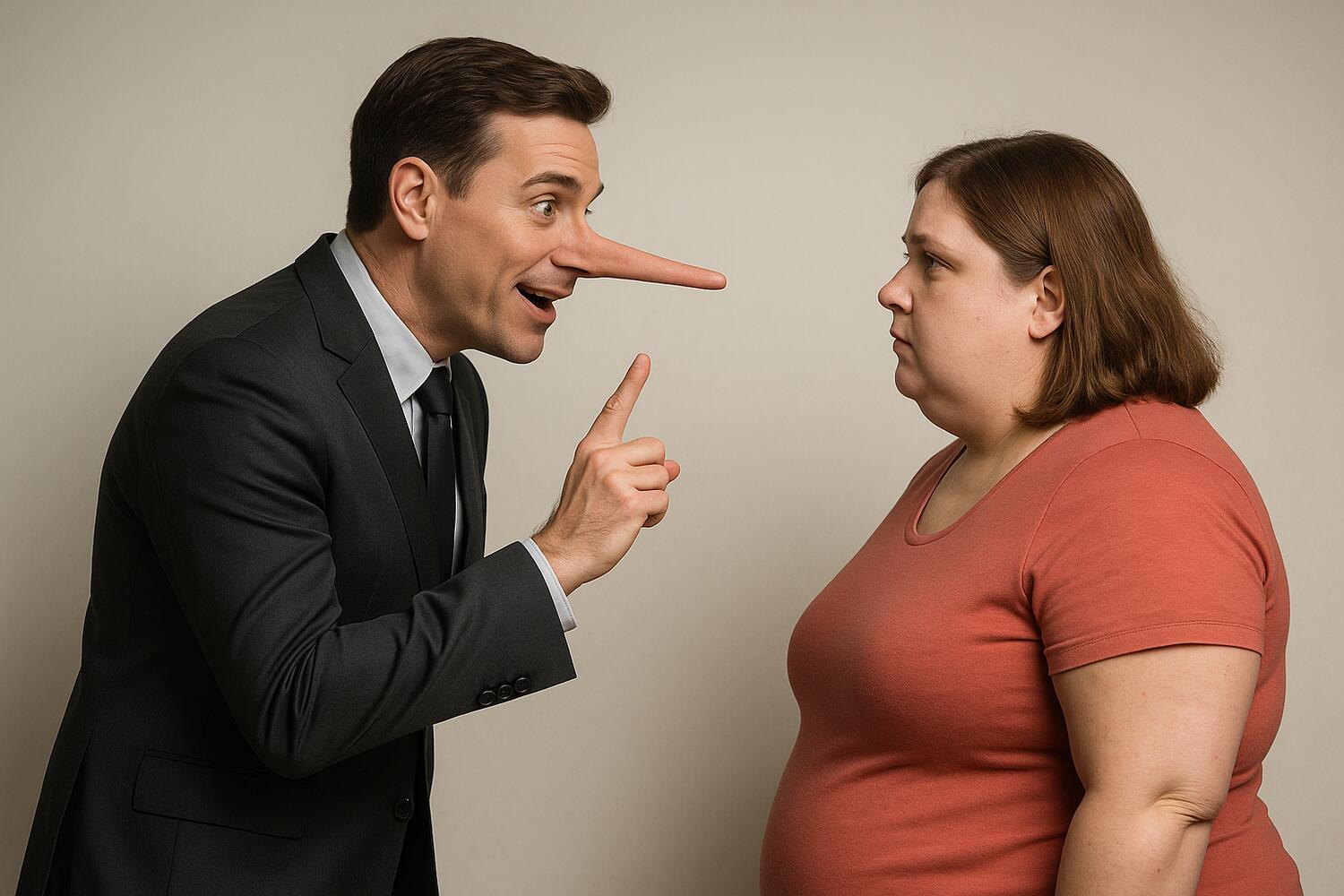 Venditore con il naso da pinocchio tenta di convincere una ragazza in sovrappeso