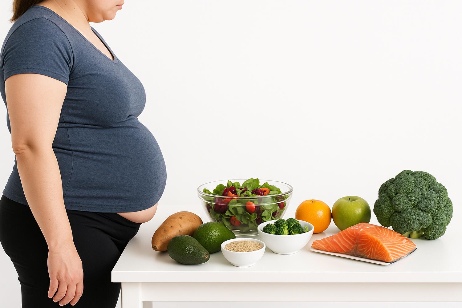 Donna di profilo, con la pancetta appoggiata al tavolo, dove si vedono alimenti vegetali e sani.