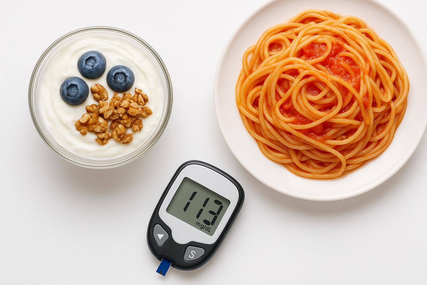 Yogurt greco a sinistra, piatto di pasta a destra e glucometro che segna 113