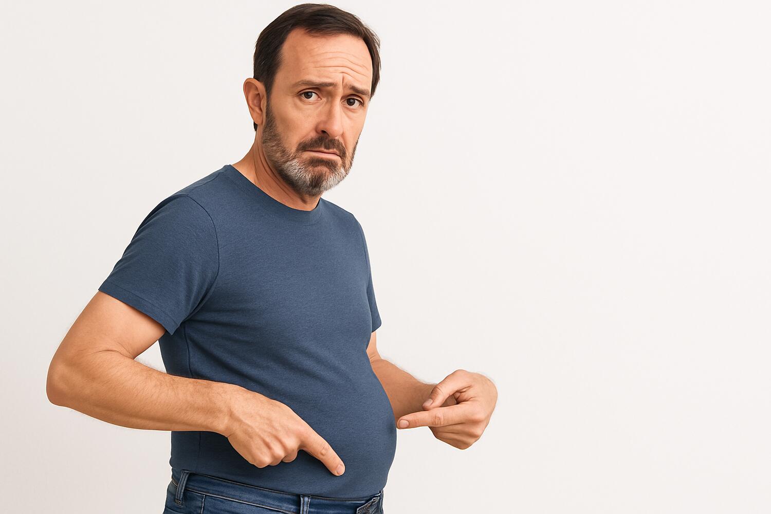 Uomo che si indica la pancetta