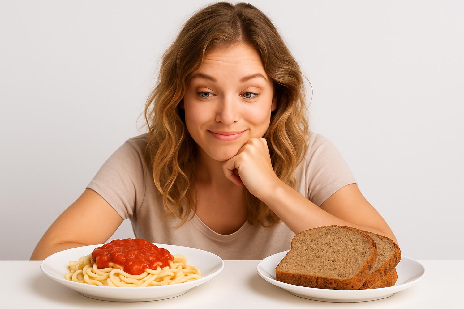 Ragazza che guarda un piatto di pasta ignorando il pane