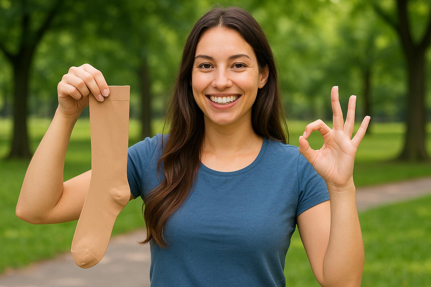 Ragazza che tiene in mano un paio di gambaletti a pressione graduata