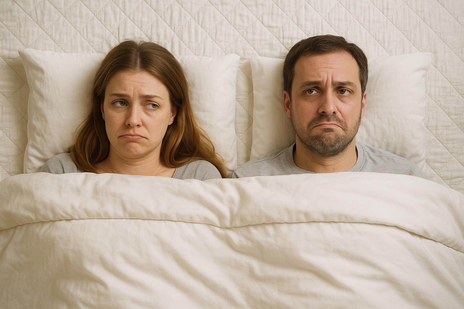 Coppia a letto con sguardo "esageratamente" annoiato