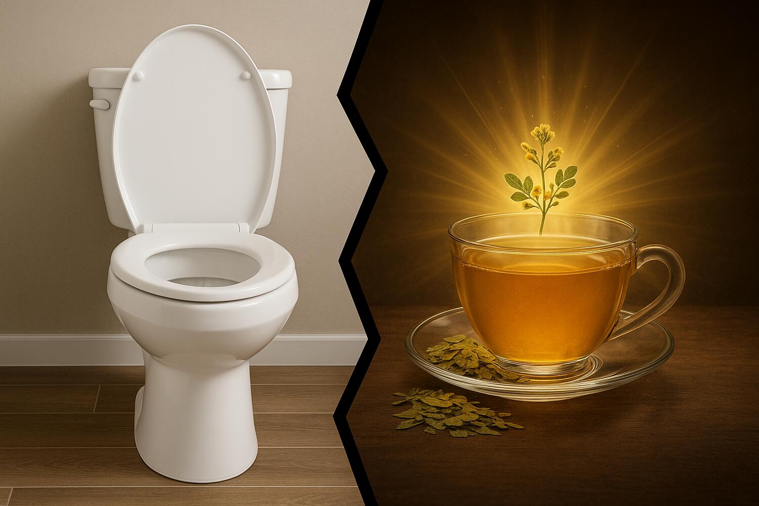 Immagine suddivisa in due parti da una linea a zig-zag. A sinistra un WC, a destra una tisana lassativa, con un'aura mistica.