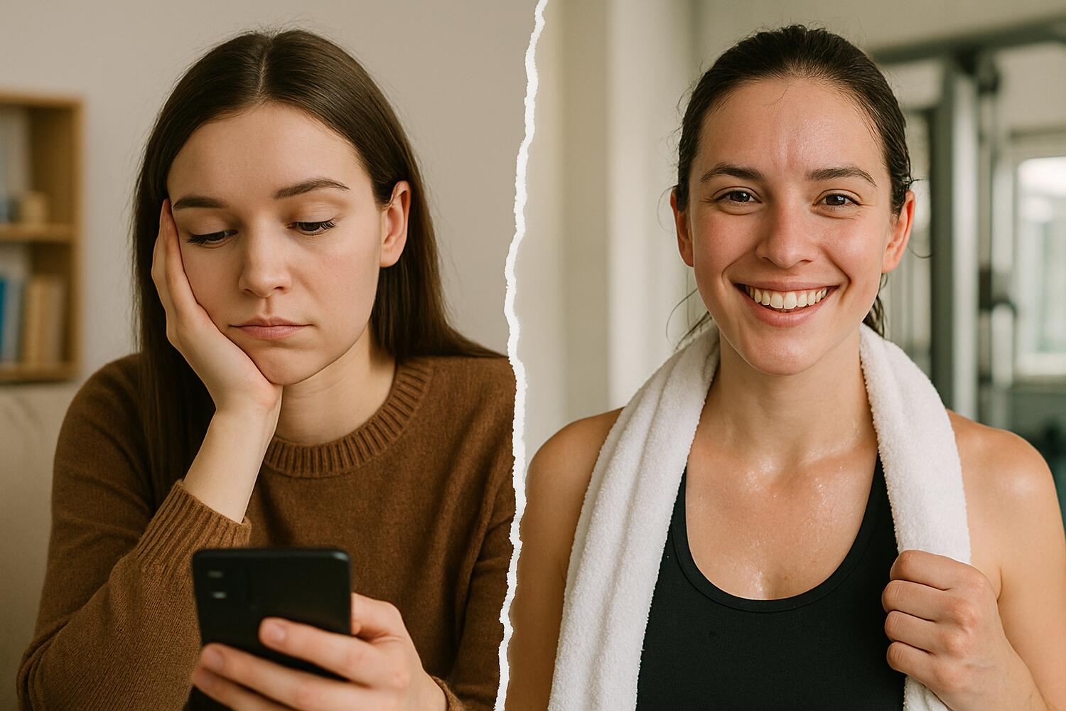 Ragazza triste sui socia e, di fianco, ragazza allegra dopo la palestra