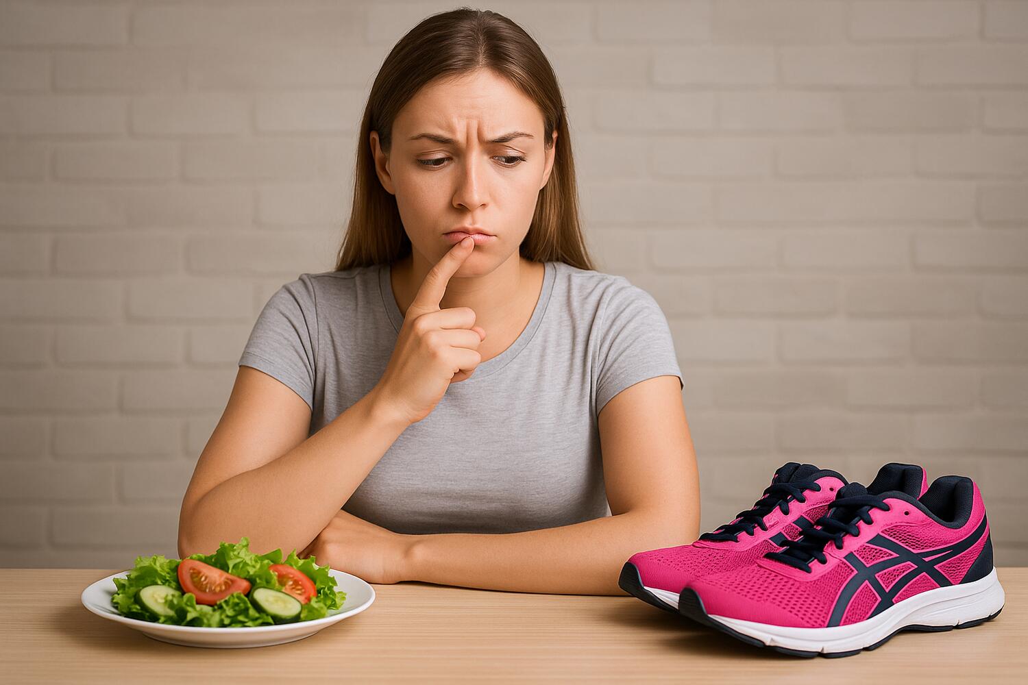 Ragazza che guarda con sguardo interrogativo un tavolo su cui da una parte c'è un piatto d'insalata e dall'altro un paio di scarpe da corsa.