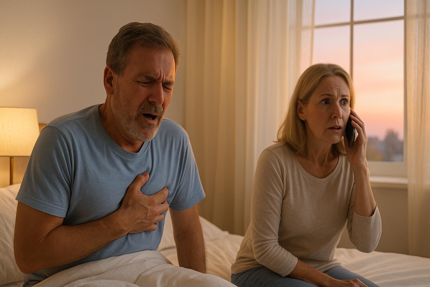 Uomo che sta avendo un infarto nel letto
