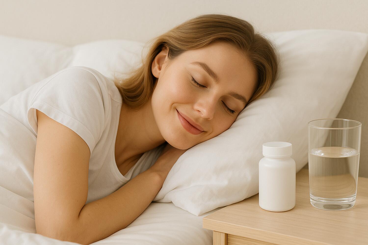 Ragazza che dorme felice nel letto, accanto a lei un integratore e un bicchiere d'acqua.