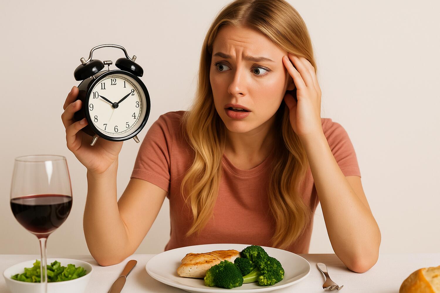 Ragazza con sguardo ansioso su una sveglia che tiene in mano, di fronte alla tavola apparecchiata con la cena.