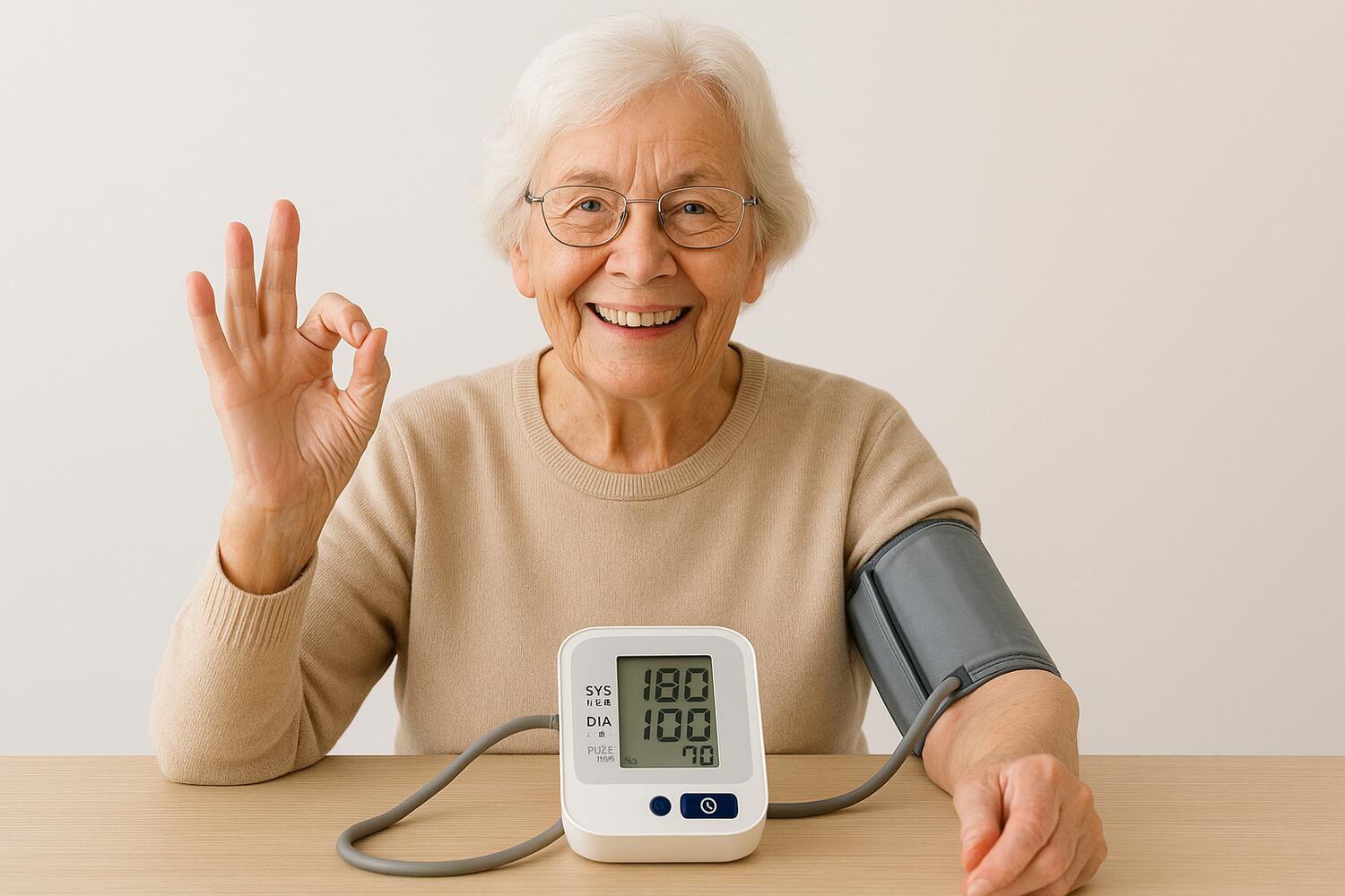 Donna di 80 anni che misura la pressione e trova 180-100 (70). Guardando la camera sorride e con l'altra mano fa il segno di "ok".