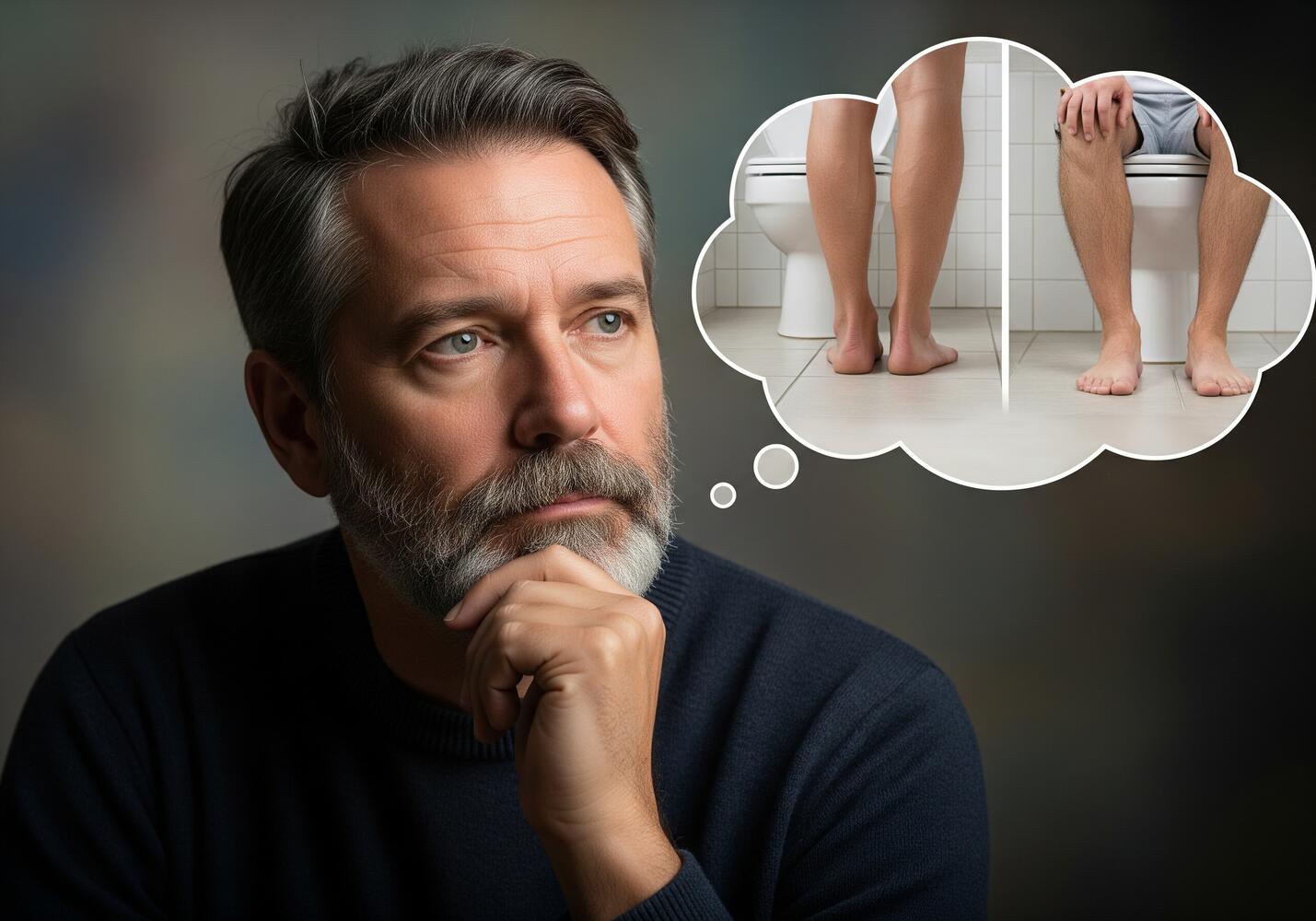 Uomo che pensa se urinare in piedi o da seduto